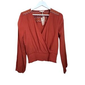 Hem & Thread Rust Wrap Embroidered Smocked Blouse Women Sz M